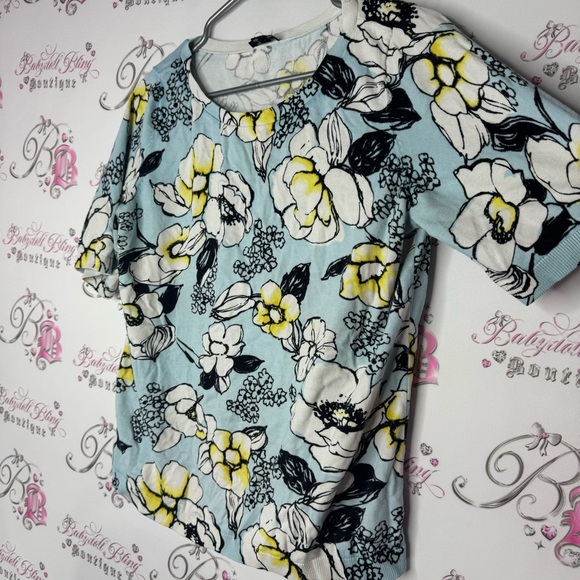 Talbots shirt floral flowers blue white yellow tshirt style sweater mock neck - Picture 5 of 7